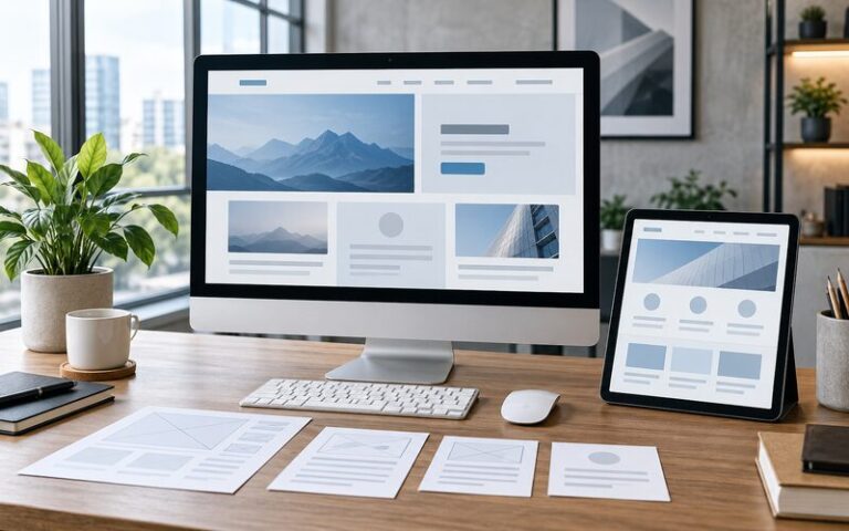 Kurumsal web sitesi sayfa yapısını gösteren modern çalışma masası