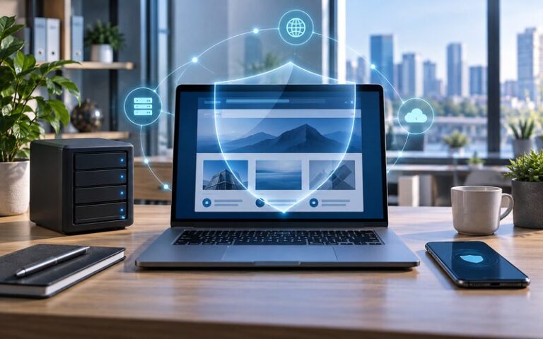 İşletmeler için web sitesi güvenliğini gösteren modern çalışma alanı