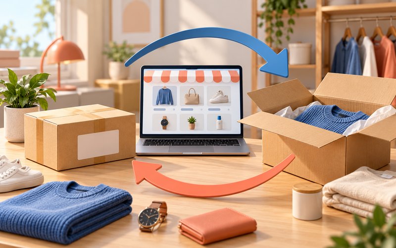 E-ticaret sitesinde iade ve değişim sürecini simgeleyen paketler ve çevrim içi mağaza