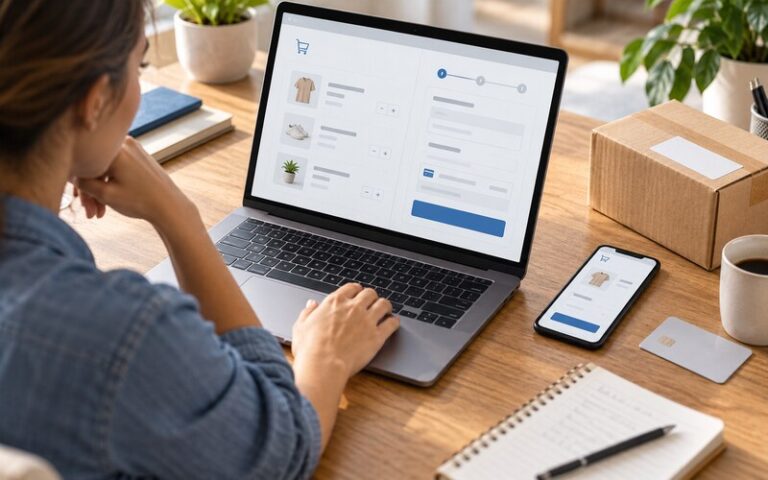 E-ticaret sitesinde sepet ve ödeme adımını inceleyen işletme çalışanı