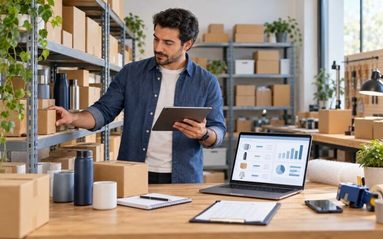 E-ticaret sitesi stok yönetimini kontrol eden işletme yöneticisi