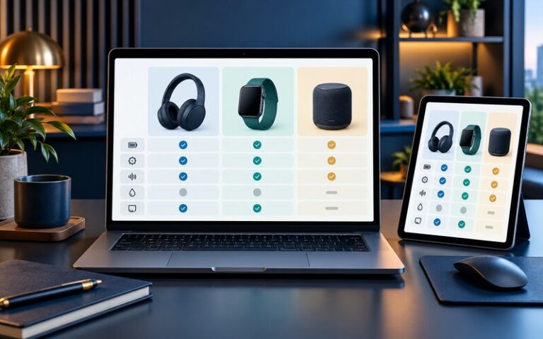 E-ticaret sitesinde üç ürünün özelliklerini karşılaştıran cihaz ekranları