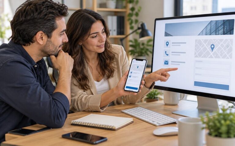 Kurumsal web sitesi iletişim sayfasını masaüstü ve telefonda inceleyen işletme sahibi ile web tasarım uzmanı