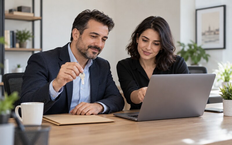 Web sitesi yaptırırken alan adı sahipliğini görüşen işletme sahibi ve web tasarım uzmanı