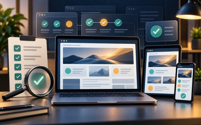 Web yazılımı projesinde test ve kabul sürecini temsil eden cihazlar ve kontrol işaretleri