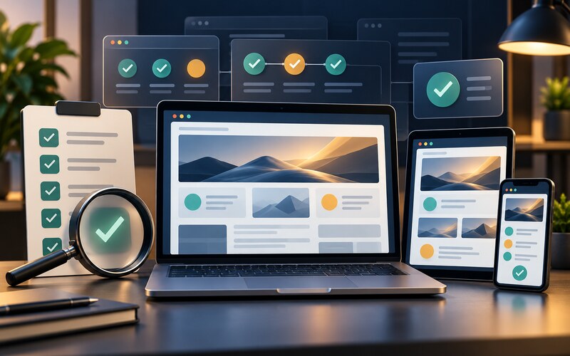 Web yazılımı projesinde test ve kabul sürecini temsil eden cihazlar ve kontrol işaretleri