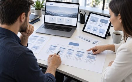 Kurumsal web sitesinin sayfa yapısını planlayan işletme ve tasarım ekibi