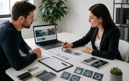Web sitesi yaptırmadan önce proje ayrıntılarını görüşen işletme sahibi