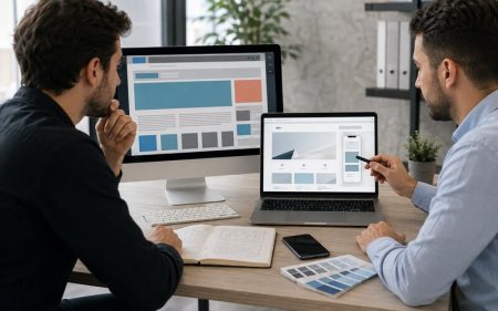 Eski web sitesini inceleyerek yenileme planı yapan işletme ekibi