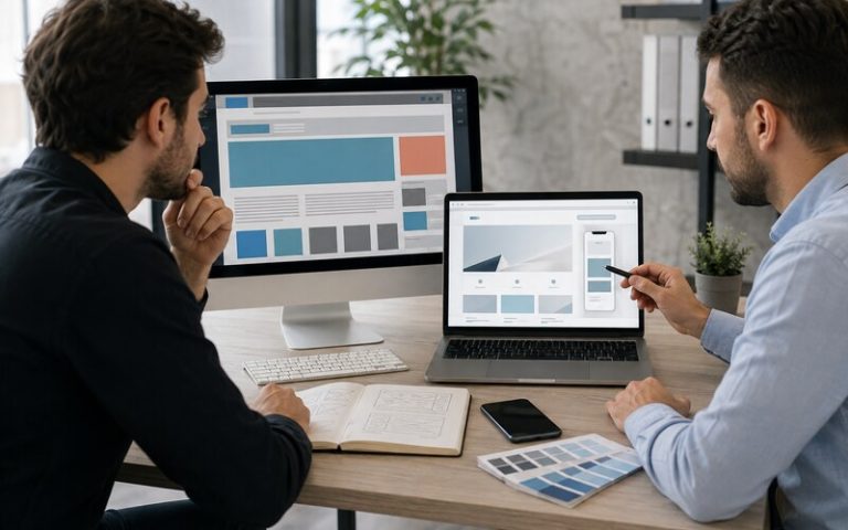 Eski web sitesini inceleyerek yenileme planı yapan işletme ekibi